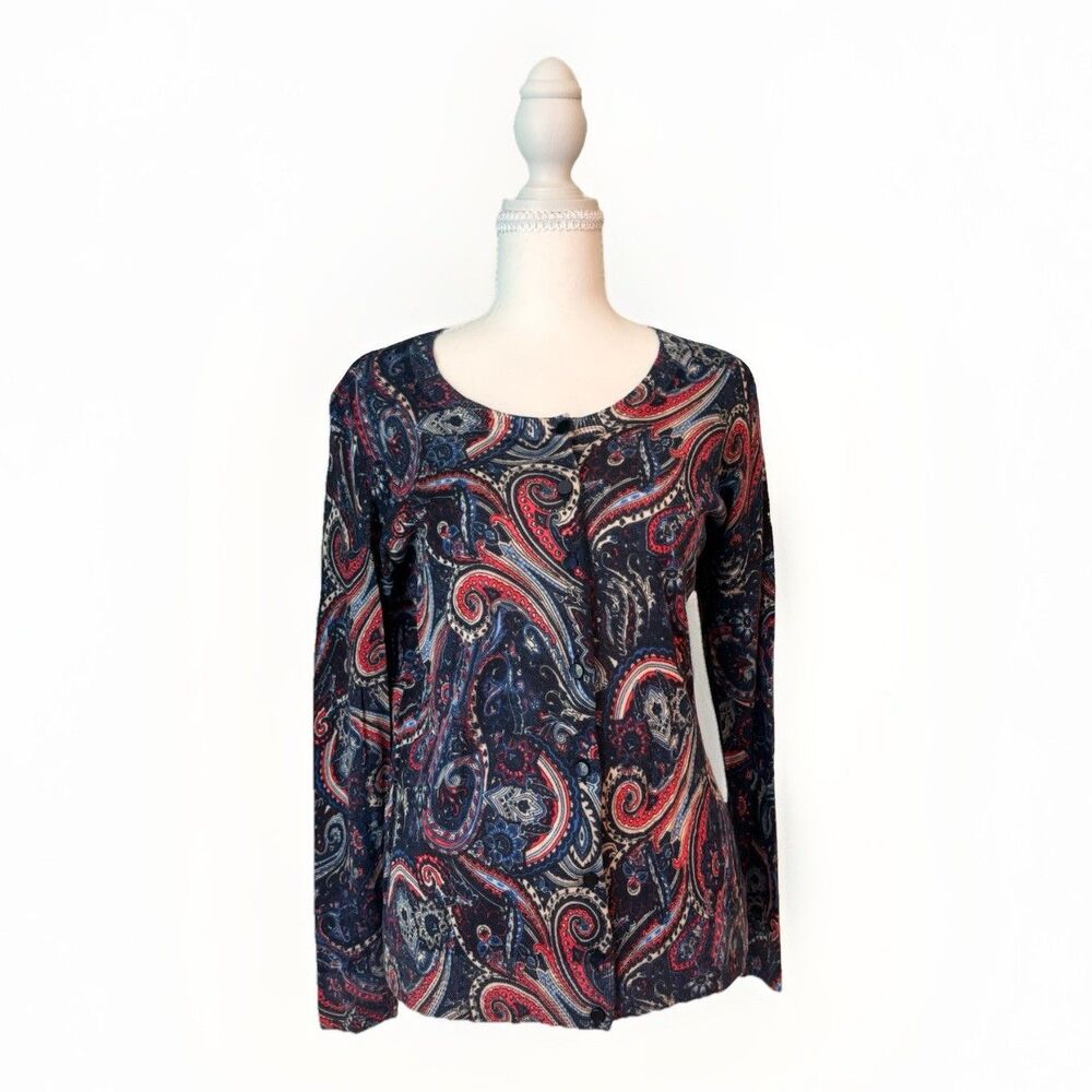 Talbots 100% Merino Wool Paisley Cardigan Sweater Women’s Small Blue Red Buttons